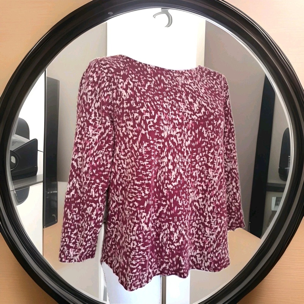 Chicos Popover Top 3 Fuchsia Abstract Print‎ Artsy Long Sleeve Boat Neck Boho
